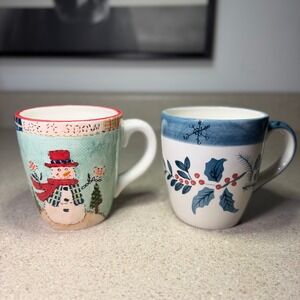 Atico Holiday Moments Set of 2 Dolomite 22 Oz Latte Mugs Snowman Holly 2005